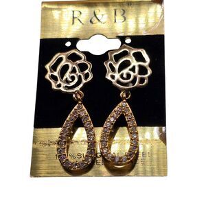 Pierced Floral Teardrop Dangle Earrings R&R Small Surgical Butterfly Gold Tone